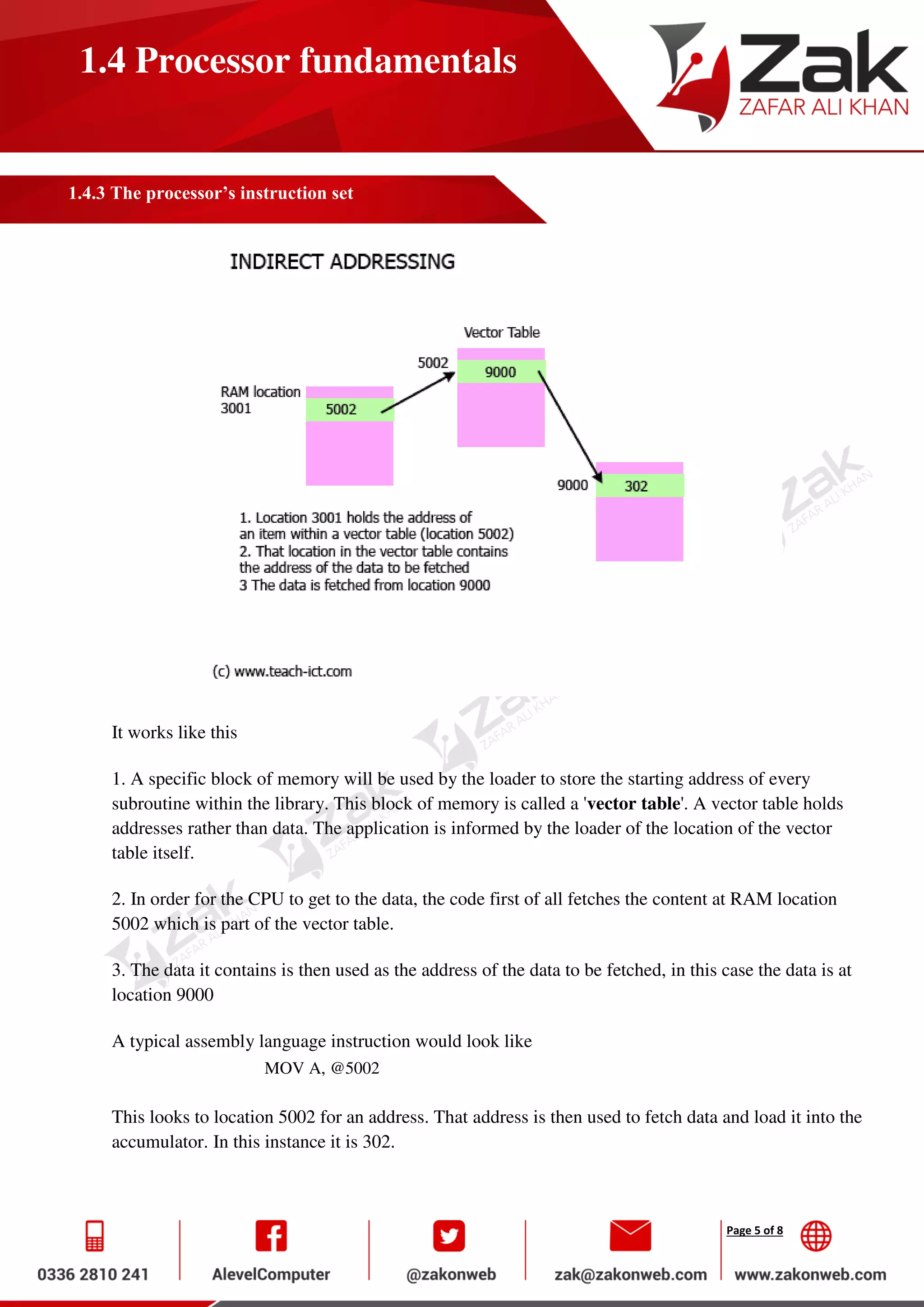 Page 5 of 8
1.4 Processor fundamentals
1.4.3 The processor’s instruction set
It works like this
1. A specific block of memory will be used by the loader to store the starting address of every
subroutine within the library. This block of memory is called a 'vector table'. A vector table holds
addresses rather than data. The application is informed by the loader of the location of the vector
table itself.
2. In order for the CPU to get to the data, the code first of all fetches the content at RAM location
5002 which is part of the vector table.
3. The data it contains is then used as the address of the data to be fetched, in this case the data is at
location 9000
A typical assembly language instruction would look like
MOV A, @5002
This looks to location 5002 for an address. That address is then used to fetch data and load it into the
accumulator. In this instance it is 302.
 