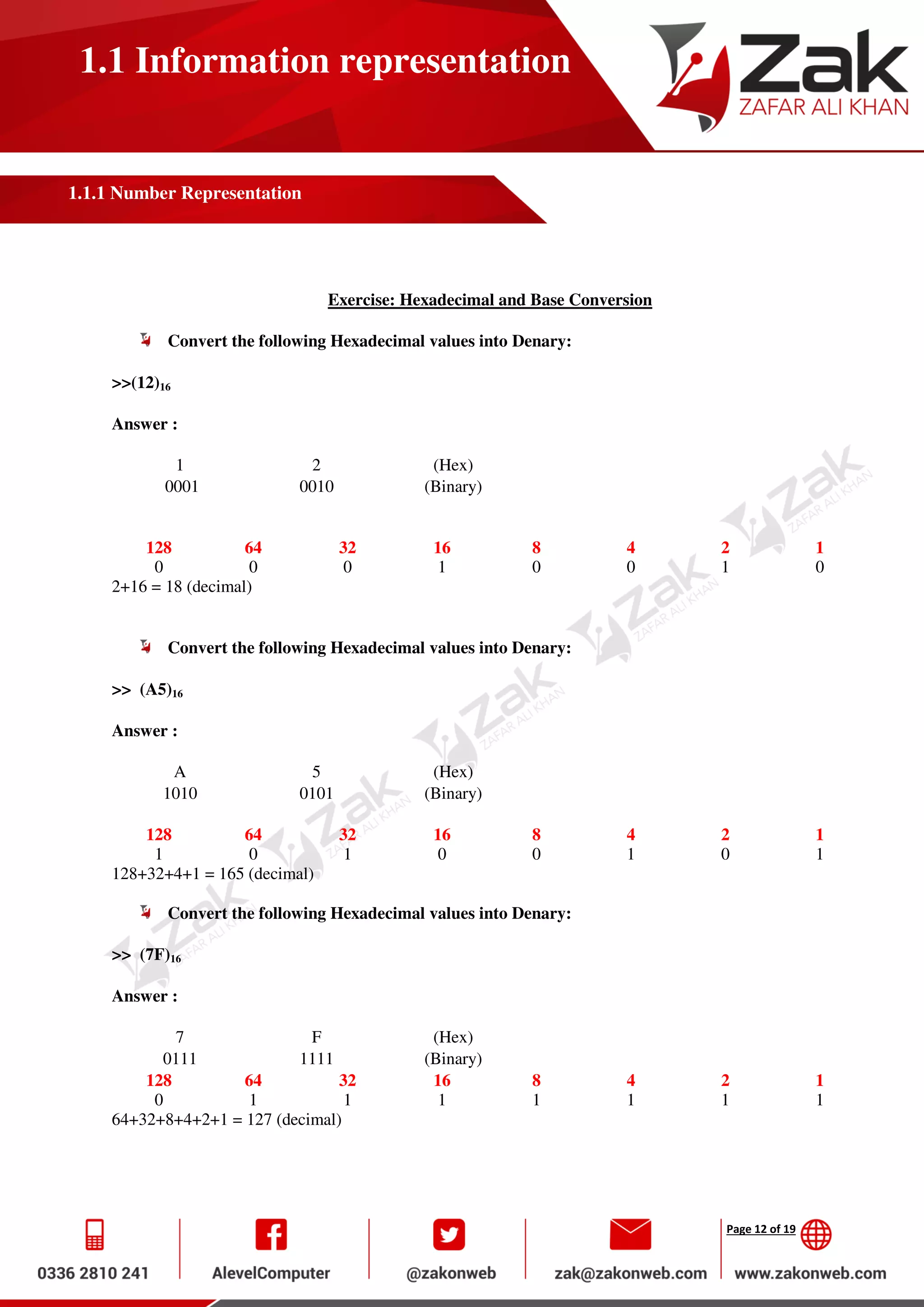 Page 12 of 19
1.1 Information representation
1.1.1 Number Representation
Exercise: Hexadecimal and Base Conversion
Convert the following Hexadecimal values into Denary:
>>(12)16
Answer :
1 2 (Hex)
0001 0010 (Binary)
128 64 32 16 8 4 2 1
0 0 0 1 0 0 1 0
2+16 = 18 (decimal)
Convert the following Hexadecimal values into Denary:
>> (A5)16
Answer :
A 5 (Hex)
1010 0101 (Binary)
128 64 32 16 8 4 2 1
1 0 1 0 0 1 0 1
128+32+4+1 = 165 (decimal)
Convert the following Hexadecimal values into Denary:
>> (7F)16
Answer :
7 F (Hex)
0111 1111 (Binary)
128 64 32 16 8 4 2 1
0 1 1 1 1 1 1 1
64+32+8+4+2+1 = 127 (decimal)
 