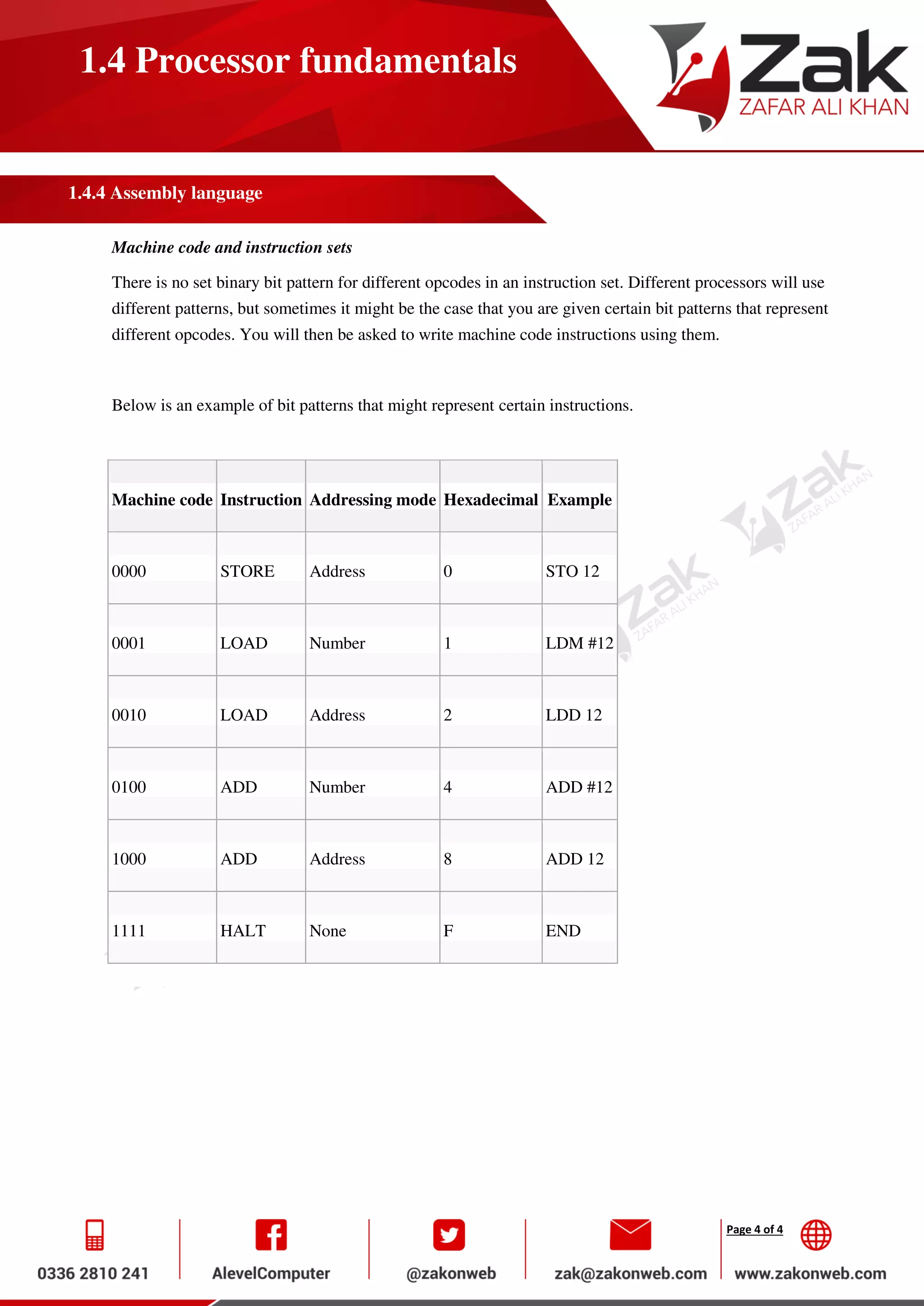 Page 4 of 4
1.4 Processor fundamentals
1.4.4 Assembly language
Machine code and instruction sets
There is no set binary bit pattern for different opcodes in an instruction set. Different processors will use
different patterns, but sometimes it might be the case that you are given certain bit patterns that represent
different opcodes. You will then be asked to write machine code instructions using them.
Below is an example of bit patterns that might represent certain instructions.
Machine code Instruction Addressing mode Hexadecimal Example
0000 STORE Address 0 STO 12
0001 LOAD Number 1 LDM #12
0010 LOAD Address 2 LDD 12
0100 ADD Number 4 ADD #12
1000 ADD Address 8 ADD 12
1111 HALT None F END
 