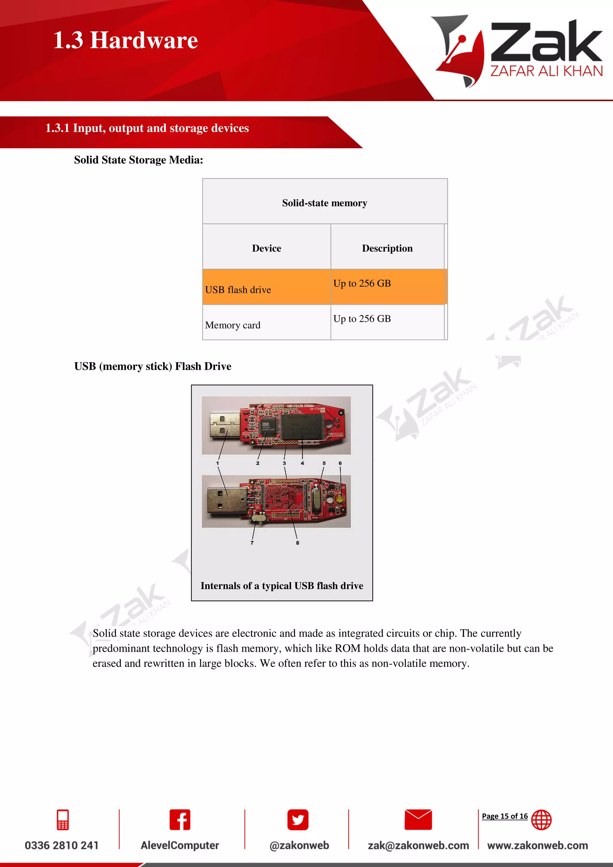 Page 15 of 16
1.3 Hardware
1.3.1 Input, output and storage devices
Solid State Storage Media:
Solid-state memory
Device Description
USB flash drive
Up to 256 GB
Memory card
Up to 256 GB
USB (memory stick) Flash Drive
Internals of a typical USB flash drive
Solid state storage devices are electronic and made as integrated circuits or chip. The currently
predominant technology is flash memory, which like ROM holds data that are non-volatile but can be
erased and rewritten in large blocks. We often refer to this as non-volatile memory.
 