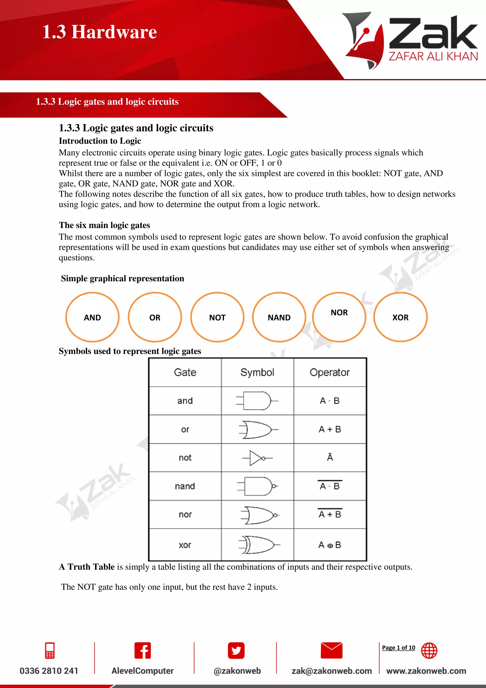 Page 1 of 10
1.3 Hardware
1.3.3 Logic gates and logic circuits
1.3.3 Logic gates and logic circuits
Introduction to Logic
Many electronic circuits operate using binary logic gates. Logic gates basically process signals which
represent true or false or the equivalent i.e. ON or OFF, 1 or 0
Whilst there are a number of logic gates, only the six simplest are covered in this booklet: NOT gate, AND
gate, OR gate, NAND gate, NOR gate and XOR.
The following notes describe the function of all six gates, how to produce truth tables, how to design networks
using logic gates, and how to determine the output from a logic network.
The six main logic gates
The most common symbols used to represent logic gates are shown below. To avoid confusion the graphical
representations will be used in exam questions but candidates may use either set of symbols when answering
questions.
Simple graphical representation
Symbols used to represent logic gates
A Truth Table is simply a table listing all the combinations of inputs and their respective outputs.
The NOT gate has only one input, but the rest have 2 inputs.
AND OR NOT
C
NAND
NOR
XOR
 