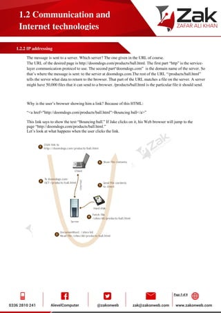 Page 5 of 8
1.2 Communication and
Internet technologies
1.2.2 IP addressing
The message is sent to a server. Which server? The one given in the URL of course.
The URL of the desired page is http://doomdogs.com/products/ball.html. The first part “http” is the service-
layer communication protocol to use. The second part“doomdogs.com” is the domain name of the server. So
that’s where the message is sent: to the server at doomdogs.com.The rest of the URL “/products/ball.html”
tells the server what data to return to the browser. That part of the URL matches a file on the server. A server
might have 50,000 files that it can send to a browser. /products/ball.html is the particular file it should send.
Why is the user’s browser showing him a link? Because of this HTML:
“<a href="http://doomdogs.com/products/ball.html">Bouncing ball</a>”
This link says to show the text “Bouncing ball.” If Jake clicks on it, his Web browser will jump to the
page “http://doomdogs.com/products/ball.html.”
Let’s look at what happens when the user clicks the link.
 
