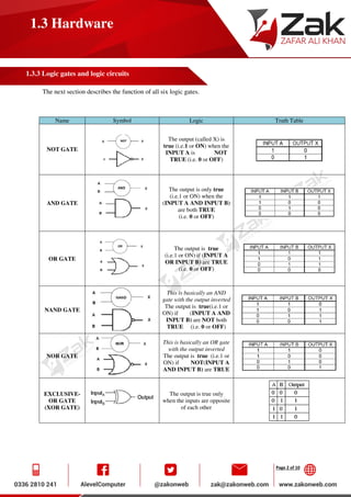 Page 2 of 10
1.3 Hardware
1.3.3 Logic gates and logic circuits
The next section describes the function of all six logic gates.
Name Symbol Logic Truth Table
NOT GATE
The output (called X) is
true (i.e.1 or ON) when the
INPUT A is NOT
TRUE (i.e. 0 or OFF)
AND GATE
The output is only true
(i.e.1 or ON) when the
(INPUT A AND INPUT B)
are both TRUE
(i.e. 0 or OFF)
OR GATE
The output is true
(i.e.1 or ON) if (INPUT A
OR INPUT B) are TRUE
(i.e. 0 or OFF)
NAND GATE
This is basically an AND
gate with the output inverted
The output is true(i.e.1 or
ON) if (INPUT A AND
INPUT B) are NOT both
TRUE (i.e. 0 or OFF)
NOR GATE
This is basically an OR gate
with the output inverted
The output is true (i.e.1 or
ON) if NOT(INPUT A
AND INPUT B) are TRUE
EXCLUSIVE-
OR GATE
(XOR GATE)
The output is true only
when the inputs are opposite
of each other
 
