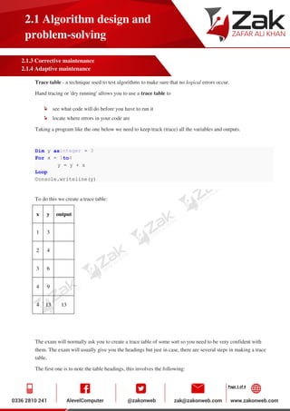 Page 1 of 4
2.1 Algorithm design and
problem-solving
2.1.3 Corrective maintenance
2.1.4 Adaptive maintenance
Trace table - a technique used to test algorithms to make sure that no logical errors occur.
Hand tracing or 'dry running' allows you to use a trace table to
see what code will do before you have to run it
locate where errors in your code are
Taking a program like the one below we need to keep track (trace) all the variables and outputs.
Dim y asinteger = 3
For x = 1to4
y = y + x
Loop
Console.writeline(y)
To do this we create a trace table:
x y output
1 3
2 4
3 6
4 9
4 13 13
The exam will normally ask you to create a trace table of some sort so you need to be very confident with
them. The exam will usually give you the headings but just in case, there are several steps in making a trace
table,
The first one is to note the table headings, this involves the following:
 