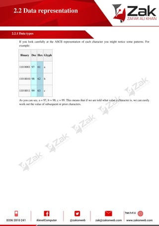 Page 9 of 11
2.2 Data representation
2.2.1 Data types
If you look carefully at the ASCII representation of each character you might notice some patterns. For
example:
Binary Dec Hex Glyph
110 0001 97 61 a
110 0010 98 62 b
110 0011 99 63 c
As you can see, a = 97, b = 98, c = 99. This means that if we are told what value a character is, we can easily
work out the value of subsequent or prior characters.
 