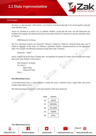 Page 1 of 7
2.2 Data representation
2.2.2 Arrays
An array is a data structure, which allows a set of items of identical data type to be stored together using the
same identifier name.
Arrays are declared in a similar way to standard variables, except that the array size and dimensions are
included. For example, the following declares an array that reserves five locations in memory and labels these
as ‘Names’:
DIM Names(4) As String
The five individual locations are Names(0), Names(1), Names(2), Names(3), Names(4).Each data item is
called an “element” of the array. To reference a particular element a programmermust use the appropriate
index. For example, the following statement assigns data to the 5th
element:
Names(4) = “Johal”
Arrays simplify the processing of similar data. An algorithm for getting five names from the user and storing
them in the array Names is shown below:
Dim Names(4) As String
For i=0 to 4
Input Value
Names(i)=Value
Next i
One-dimensional arrays
A one-dimensional array is a data structure in which the array is declared using a single index and can be
visually represented as a list.
The following diagram shows the visual representation of the array Names(4):
Two-dimensional arrays
 
