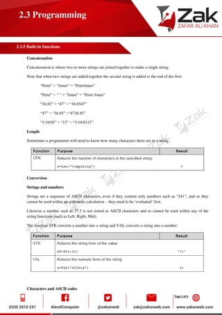 Page 2 of 6
2.3 Programming
2.3.5 Built-in functions
Concatenation
Concatenation is where two or more strings are joined together to make a single string.
Note that when two strings are added together the second string is added to the end of the first:
“Peter” + “Jones” = “PeterJones”
“Peter” + “ “ + “Jones” = “Peter Jones”
“36.85” + “47” = “36.8547”
“47” + “36.85” =“4736.85”
“3/10/03” + “15” = “3/10/0315”
Length
Sometimes a programmer will need to know how many characters there are in a string.
Conversion
Strings and numbers
Strings are a sequence of ASCII characters, even if they contain only numbers such as “241”, and so they
cannot be used within an arithmetic calculation – they need to be ‘evaluated’ first.
Likewise a number such as 27.3 is not stored as ASCII characters and so cannot be used within any of the
string functions (such as Left, Right, Mid).
The function STR converts a number into a string and VAL converts a string into a number:
Characters and ASCII codes
 