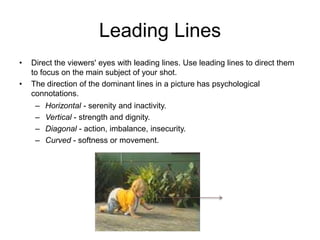 Leading Lines
• Direct the viewers' eyes with leading lines. Use leading lines to direct them
to focus on the main subject of your shot.
• The direction of the dominant lines in a picture has psychological
connotations.
– Horizontal - serenity and inactivity.
– Vertical - strength and dignity.
– Diagonal - action, imbalance, insecurity.
– Curved - softness or movement.
 