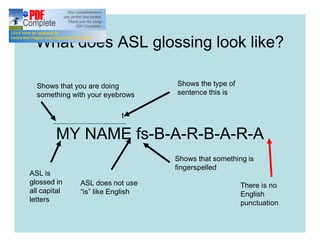 What does ASL glossing look like?
MY NAME fs-B-A-R-B-A-R-A
t
Shows that you are doing
something with your eyebrows
Shows that something is
fingerspelled
ASL does not use
“is” like English
Shows the type of
sentence this is
ASL is
glossed in
all capital
letters
There is no
English
punctuation
 
