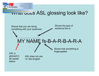 What does ASL glossing look like?
MY NAME fs-B-A-R-B-A-R-A
t
Shows that you are doing
something with your eyebrows
Shows that something is
fingerspelled
ASL does not use
“is” like English
Shows the type of
sentence this is
ASL is
glossed in
all capital
letters
 