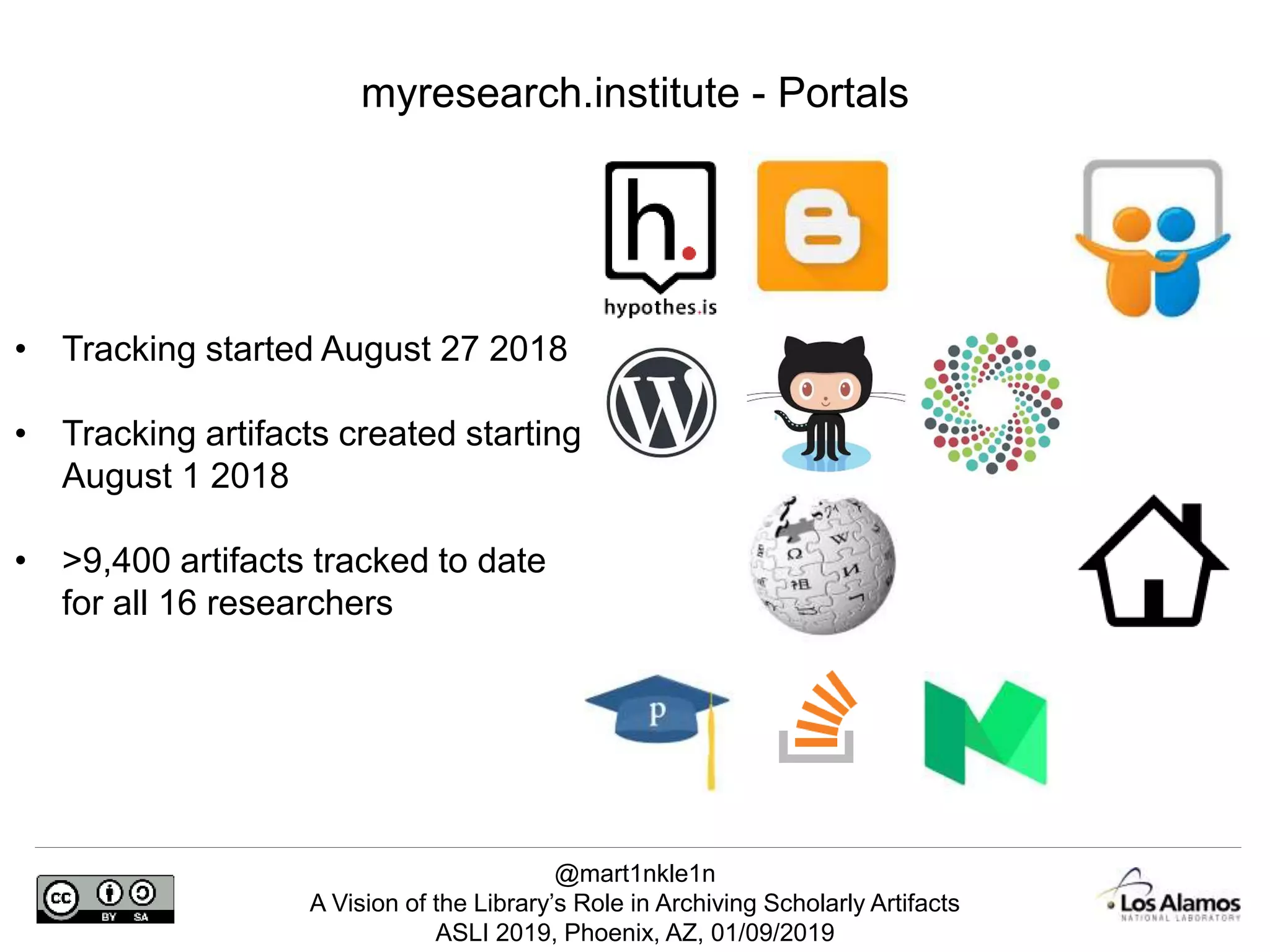@mart1nkle1n
A Vision of the Library’s Role in Archiving Scholarly Artifacts
ASLI 2019, Phoenix, AZ, 01/09/2019
myresearch.institute - Portals
• Tracking started August 27 2018
• Tracking artifacts created starting
August 1 2018
• >9,400 artifacts tracked to date
for all 16 researchers
 