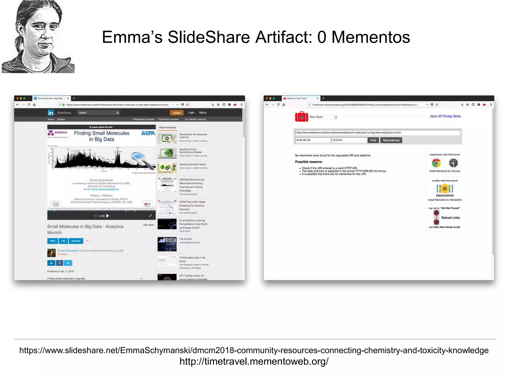 @mart1nkle1n
A Vision of the Library’s Role in Archiving Scholarly Artifacts
ASLI 2019, Phoenix, AZ, 01/09/2019
Emma’s SlideShare Artifact: 0 Mementos
https://www.slideshare.net/EmmaSchymanski/dmcm2018-community-resources-connecting-chemistry-and-toxicity-knowledge
http://timetravel.mementoweb.org/
 