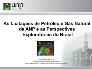 Eliane Petersohn, M.Sc.
Superintendente de Definição de Blocos
Agência Nacional do Petróleo, Gás Natural e Biocombustíveis
As Licitações de Petróleo e Gás Natural
da ANP e as Perspectivas
Exploratórias do Brasil
 