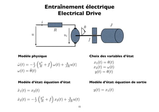 Entraînement électrique
                          Electrical Drive
                  i
                                                  θ                 J
                             R
        u                        ui
                                                      f



Modèle physique                                       Choix des variables d’état
                        
                  2                                       x1 (t) = θ(t)
ω(t) = − J
˙        1        k
                      + f ω(t) +    k
                                   JR u(t)
                  R                                       x2 (t) = ω(t)
       ˙
ω(t) = θ(t)                                                y(t) = θ(t)

Modèle d’état: équation d’état                        Modèle d’état: équation de sortie

x1 (t) = x2 (t)
˙                                                         y(t) = x1 (t)
               2 
x2 (t) = − J k + f x2 (t) +
˙          1
                R
                                       k
                                      JR u(t)

                                             15
 