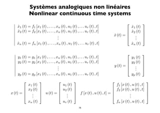 Systèmes analogiques non linéaires
             Nonlinear continuous time systems
                                                                                                  
  x1 (t) = f1 [x1 (t) , . . . , xn (t) , u1 (t) , . . . ur (t) , t]
  ˙                                                                                       x1 (t)
                                                                                           ˙
  x2 (t) = f2 [x1 (t) , . . . , xn (t) , u1 (t) , . . . ur (t) , t]
  ˙
                                                                                          x2 (t)
                                                                                           ˙        
                                                                                                   
                                 .
                                  .                                        x (t) = 
                                                                           ˙                 .      
                                 .                                                         .
                                                                                             .      
 
  xn (t) = fn [x1 (t) , . . . , xn (t) , u1 (t) , . . . ur (t) , t]
   ˙                                                                                       xn (t)
                                                                                           ˙

                                                                                                  
   y1 (t) = g1 [x1 (t) , . . . , xn (t) , u1 (t) , . . . ur (t) , t]                      y1 (t)
  
   y2 (t) = g2 [x1 (t) , . . . , xn (t) , u1 (t) , . . . ur (t) , t]                     y2 (t)   
                                                                                                  
                                  .
                                   .                                       y (t) =          .      
                                  .                                                        .
                                                                                             .      
  
   yp (t) = gp [x1 (t) , . . . , xn (t) , u1 (t) , . . . ur (t) , t]                      yp (t)
                                                                                                   
             x1 (t)                     u1 (t)                                 f1 [x (t) , u (t) , t]
            x2 (t)                   u2 (t)                               f2 [x (t) , u (t) , t]   
                                                                                                   
x (t) =       .       u (t) =          .       f [x (t) , u (t) , t] =              .              
              .
               .                        .
                                          .                                            .
                                                                                         .              
             xn (t)                     ur (t)                                 fn [x (t) , u (t) , t]
                                                     16
 