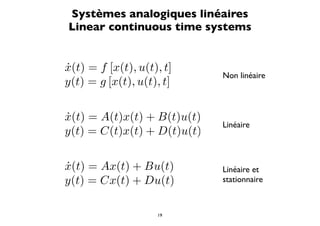 Systèmes analogiques linéaires
Linear continuous time systems


x(t) = f [x(t), u(t), t]
˙
                             Non linéaire
y(t) = g [x(t), u(t), t]

x(t) = A(t)x(t) + B(t)u(t)
˙
                             Linéaire
y(t) = C(t)x(t) + D(t)u(t)

x(t) = Ax(t) + Bu(t)
˙                            Linéaire et
y(t) = Cx(t) + Du(t)         stationnaire



                    19
 