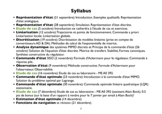 Syllabus
•   Représentation d'état (21 septembre): Introduction. Exemples qualitatifs. Représentation
    d'état analogique.
•   Représentation d'état (28 septembre): Simulation. Représentation d'état discrète.
•   Etude de cas (5 octobre): Introduction ex catherdra à l'étude de cas et exercices.
•   Linéarisation (12 octobre): Trajectoires et points de fonctionnement. Commande a priori.
    Linéarisation locale. Linéarisation globale.
•   Discrétisation (19 octobre): Discrétisation de modèles linéaires (prise en compte de
    convertisseurs AD & DA). Méthodes de calcul de l'exponentielle de matrice.
•   Analyse dynamique des systèmes MIMO discrets et Principe de la commande d'état (26
    octobre): Solution de l'équation d'état discrète. Matrice de transfert. Stabilité, Formes canoniques.
    Synthèse constructive du régulateur.
•   Commande d'état SISO (2 novembre): Formule d'Ackermann pour le régulateur. Commande à
    réponse pile.
•   Observation d'état (9 novembre): Méthode constructive. Formule d'Ackermann pour
    l'observateur. Observabilité.
•   Etude de cas (16 novembre): Etude de cas au laboratoire - ME A0 392.
•   Commande d'état optimale (23 novembre): Introduction à la commande d'état MIMO.
    Solution du problème optimal par Lagrange.
•   Commande d'état optimale (30 novembre): Commande optimale linéaire quadratique (LQR)
    stationnaire.
•   Etude de cas (7 décembre): Etude de cas au laboratoire - ME A0 392 (assistant: Alain Bock). 0.5
    pts de bonus (sur la base d'un rapport à rendre pour le 7 janvier par email à Alain Bock)!
•   Estimation d'état optimale (14 décembre).
•   Fonctions de navigation et révision (21 décembre).
                                                     3
 