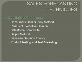 SALES FORECASTING TECHNIQUESQualitative TechniquesConsumer / User Survey MethodPanels of Executive OpinionSalesforce CompositeDelphi MethodBayesian Decision TheoryProduct Testing and Test Marketing