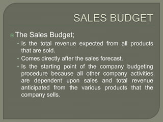 SALES BUDGETThe Sales Budget;Is the total revenue expected from all products that are sold.Comes directly after the sales forecast.Is the starting point of the company budgeting procedure because all other company activities are dependent upon sales and total revenue anticipated from the various products that the company sells.