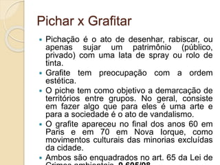 Pichar x Grafitar
 Pichação é o ato de desenhar, rabiscar, ou
apenas sujar um patrimônio (público,
privado) com uma lata de spray ou rolo de
tinta.
 Grafite tem preocupação com a ordem
estética.
 O piche tem como objetivo a demarcação de
territórios entre grupos. No geral, consiste
em fazer algo que para eles é uma arte e
para a sociedade é o ato de vandalismo.
 O grafite apareceu no final dos anos 60 em
Paris e em 70 em Nova Iorque, como
movimentos culturais das minorias excluídas
da cidade.
 Ambos são enquadrados no art. 65 da Lei de
 