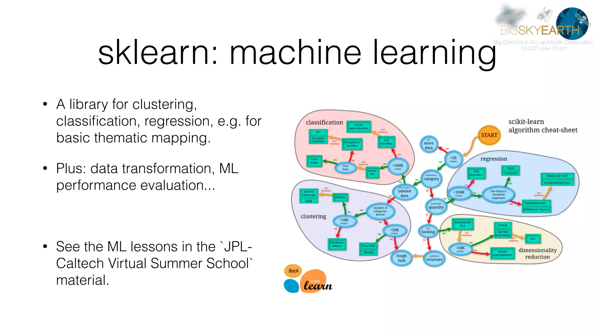 sklearn: machine learning • A library for clustering, classiﬁcation, regression, e.g. for basic thematic mapping. • Plus: data transformation, ML performance evaluation... • See the ML lessons in the `JPL- Caltech Virtual Summer School` material. 