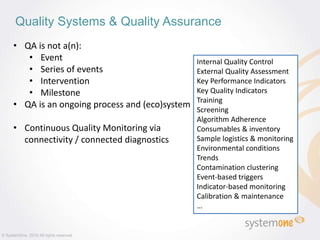 Quality Systems & Quality Assurance
© SystemOne, 2016 All rights reserved.
• QA is not a(n):
• Event
• Series of events
• Intervention
• Milestone
• QA is an ongoing process and (eco)system
• Continuous Quality Monitoring via
connectivity / connected diagnostics
Internal Quality Control
External Quality Assessment
Key Performance Indicators
Key Quality Indicators
Training
Screening
Algorithm Adherence
Consumables & inventory
Sample logistics & monitoring
Environmental conditions
Trends
Contamination clustering
Event-based triggers
Indicator-based monitoring
Calibration & maintenance
…
 