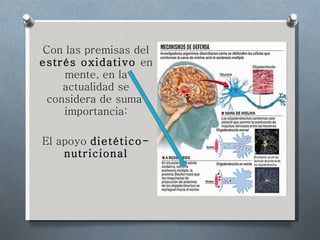 Con las premisas del  estrés oxidativo  en mente, en la actualidad se considera de suma  importancia: El apoyo  dietético-nutricional 