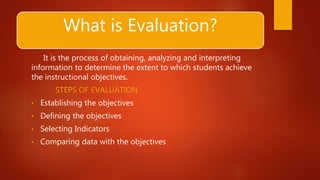 What is Evaluation?
It is the process of obtaining, analyzing and interpreting
information to determine the extent to which students achieve
the instructional objectives.
STEPS OF EVALUATION
• Establishing the objectives
• Defining the objectives
• Selecting Indicators
• Comparing data with the objectives
 