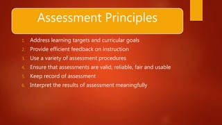 Assessment Principles
1. Address learning targets and curricular goals
2. Provide efficient feedback on instruction
3. Use a variety of assessment procedures
4. Ensure that assessments are valid, reliable, fair and usable
5. Keep record of assessment
6. Interpret the results of assessment meaningfully
 