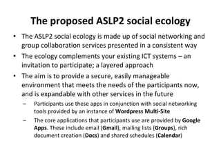 The proposed ASLP2 social ecology The ASLP2 social ecology is made up of social networking and group collaboration services presented in a consistent way The ecology complements your existing ICT systems – an invitation to participate; a layered approach The aim is to provide a secure, easily manageable environment that meets the needs of the participants now, and is expandable with other services in the future Participants use these apps in conjunction with social networking tools provided by an instance of  Wordpress Multi-Site The core applications that participants use are provided by  Google Apps . These include email ( Gmail ), mailing lists ( Groups ), rich document creation ( Docs ) and shared schedules ( Calendar ) 