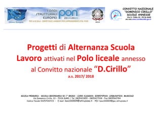 SCUOLA PRIMARIA – SCUOLA SECONDARIA DI 1° GRADO – LICEO CLASSICO, SCIENTIFICO, LINGUISTICO, MUSICALE
Via Domenico Cirillo, 33 – 70126 BARI / Tel. 0805421855 – 0805427938 – Fax 0805560784
Codice fiscale 93257010723 - E-mail: bavc010004@istruzione.it - PEC: bavc010004@pec.istruzione.it
Progetti di Alternanza Scuola
Lavoro attivati nel Polo liceale annesso
al Convitto nazionale “D.Cirillo”
a.s. 2017/ 2018
CONVITTO NAZIONALE
“DOMENICO CIRILLO”
SCUOLE ANNESSE
Via D. Cirillo 33 -70126 BARI
sito web www.convittocirillo.gov.it
 