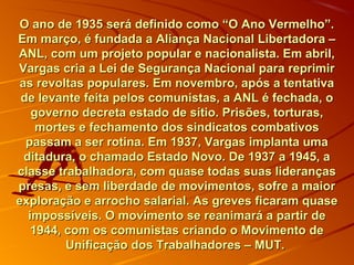 O ano de 1935 será definido como “O Ano Vermelho”.O ano de 1935 será definido como “O Ano Vermelho”.
Em março, é fundada a Aliança Nacional Libertadora –Em março, é fundada a Aliança Nacional Libertadora –
ANL, com um projeto popular e nacionalista. Em abril,ANL, com um projeto popular e nacionalista. Em abril,
Vargas cria a Lei de Segurança Nacional para reprimirVargas cria a Lei de Segurança Nacional para reprimir
as revoltas populares. Em novembro, após a tentativaas revoltas populares. Em novembro, após a tentativa
de levante feita pelos comunistas, a ANL é fechada, ode levante feita pelos comunistas, a ANL é fechada, o
governo decreta estado de sítio. Prisões, torturas,governo decreta estado de sítio. Prisões, torturas,
mortes e fechamento dos sindicatos combativosmortes e fechamento dos sindicatos combativos
passam a ser rotina. Em 1937, Vargas implanta umapassam a ser rotina. Em 1937, Vargas implanta uma
ditadura, o chamado Estado Novo. De 1937 a 1945, aditadura, o chamado Estado Novo. De 1937 a 1945, a
classe trabalhadora, com quase todas suas liderançasclasse trabalhadora, com quase todas suas lideranças
presas, e sem liberdade de movimentos, sofre a maiorpresas, e sem liberdade de movimentos, sofre a maior
exploração e arrocho salarial. As greves ficaram quaseexploração e arrocho salarial. As greves ficaram quase
impossíveis. O movimento se reanimará a partir deimpossíveis. O movimento se reanimará a partir de
1944, com os comunistas criando o Movimento de1944, com os comunistas criando o Movimento de
Unificação dos Trabalhadores – MUT.Unificação dos Trabalhadores – MUT.
 