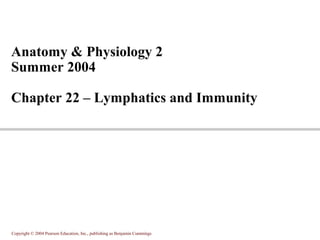 Anatomy & Physiology 2
Summer 2004
Chapter 22 – Lymphatics and Immunity

Copyright © 2004 Pearson Education, Inc., publishing as Benjamin Cummings

 