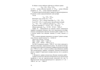 18
В общем случае рабочая кубатура на объекте равна
Vраб = Vв + Vрез + Vк, (4)
где Vв – сумма объемов выемки, м3
; Vрез – сумма объемов
резервов, м3
; Vк – сумма объемов карьеров, м3
.
В данной практической работе карьер не предусматривается.
В данном случае предусматриваем один резерв.
Тогда
Vраб = Vв + Vрез.
Возможны два случая: Vн < Vв.
Тогда Vраб = Vв, а объем кавальера Vкав = Vв – Vн.
Если Vн > Vв, то необходимо предусмотреть резерв:
Vрез = Vн – Vв, а рабочая кубатура Vраб = Vв + Vрез.
В нашем примере Vн = 25 632 < Vв = 33 530 м3
.
Объем кавальера: Vкав = 33 530 – 25 632 = 7898 м3
.
Графа 18 – определяются на каждом пикете координаты
графика суммарных объемов. Для этого производится алгебра-
ическое суммирование объемов земляных работ (графа 16 и 17)
с учетом знаков этих объемов: выемка (+) плюс, насыпь (–)
минус.
Так, в нашем примере координата на пикете 3 равна суммар-
ному объему первой выемки Vв = 16 862 м3
.
Далее идет насыпь, поэтому
ПК4: +16862 – 2205 = +14657 м3
,
ПК6: +5355 – 10958 = –5603 м3
и т.д.
На ПК10 координата равна +7898 м3
, что точно совпадает с
объемом кавальера, определенным ранее. Это является контро-
лем правильности расчета координат графика [контрольныециф-
ры (+7898 м3
) в табл. 3 взяты в скобки]. Для избежание ошибок
при вычерчивании графика суммарных объемов рекомендуем
рядом с графой 18 проставить номера пикетов, что, и сделано в
табл. 4.
3. Вычертить график попикетных объемов земляных работ.
График попикетных объемов вычерчивается под продольным
профилем в том же горизонтальном масштабе (см. рис. 3).
Вертикальный масштаб рекомендуется в пределах от 1 см —
1000 м3
, до 1 см — 5000 м3
.
 