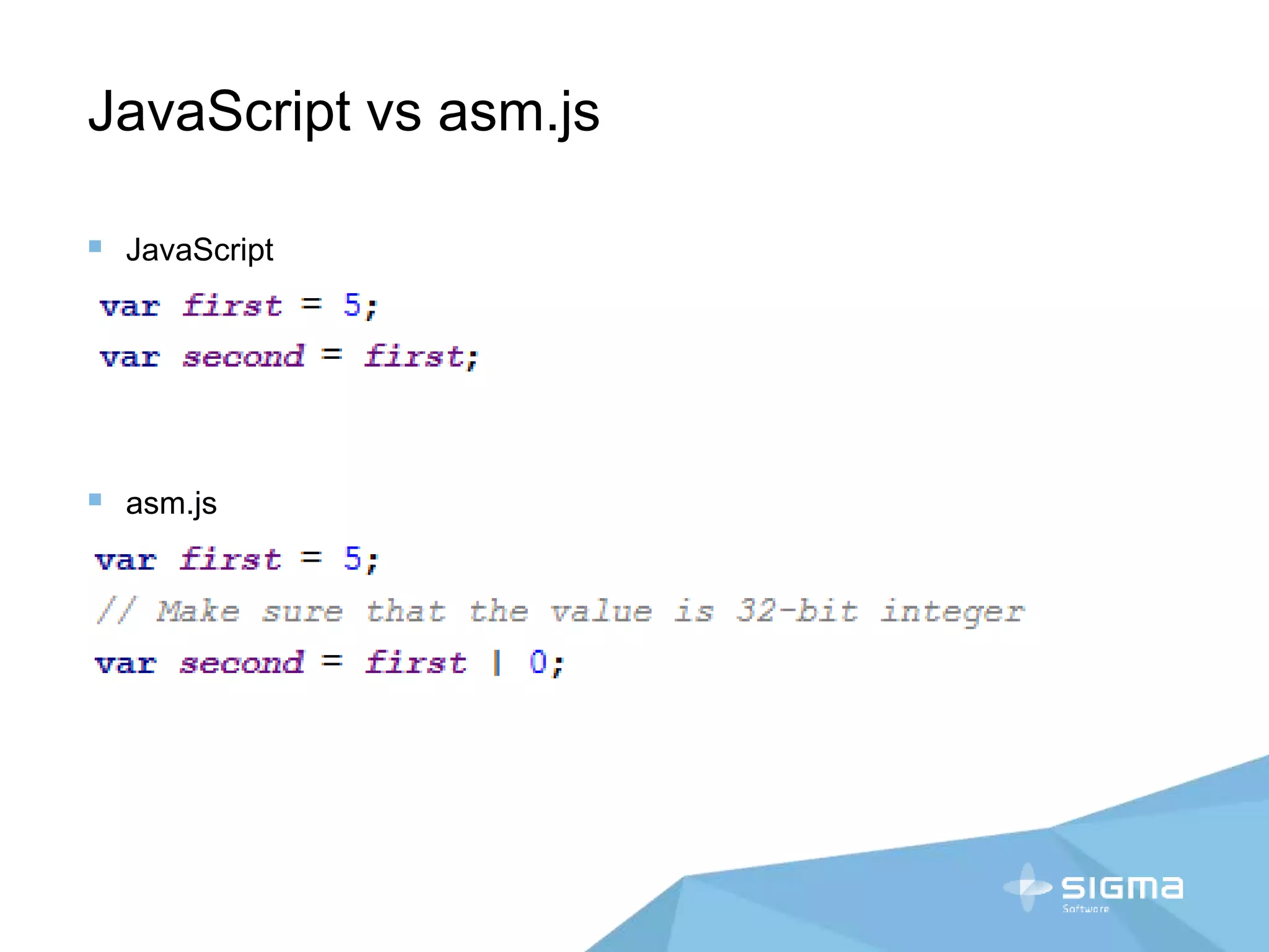JavaScript vs asm.js
 JavaScript
 asm.js
 