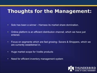 Thoughts for the Management:

•   Solo has been a winner - Harness its market share domination.

•   Online platform is an efficient distribution channel, which we have just
    entered.

•   Focus on segments which are fast growing- Savers & Shoppers, which we
    are currently established in.

•   Huge market scope for Vodite products

•   Need for efficient inventory management system
 