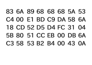 83 6A 89 68 68 68 5A 53
C4 00 E1 BD C9 DA 58 6A
18 CD 52 D5 D4 FC 31 04
5B 80 51 CC EB 00 DB 6A
C3 58 53 B2 B4 00 43 0A
 