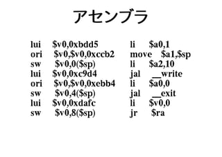 アセンブラ
lui $v0,0xbdd5
ori $v0,$v0,0xccb2
sw $v0,0($sp)
lui $v0,0xc9d4
ori $v0,$v0,0xebb4
sw $v0,4($sp)
lui $v0,0xdafc
sw $v0,8($sp)
li $a0,1
move $a1,$sp
li $a2,10
jal __write
li $a0,0
jal __exit
li $v0,0
jr $ra
 