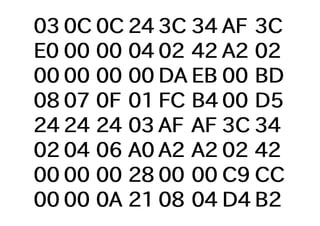03 0C 0C 24 3C 34 AF 3C
E0 00 00 04 02 42 A2 02
00 00 00 00 DA EB 00 BD
08 07 0F 01 FC B4 00 D5
24 24 24 03 AF AF 3C 34
02 04 06 A0 A2 A2 02 42
00 00 00 28 00 00 C9 CC
00 00 0A 21 08 04 D4 B2
 