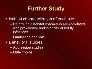 Further Study Habitat characterization of each site Determine if habitat characters are correlated with prevalence and intensity of bot fly infections Landscape analysis  Behavioral studies Aggression studies Mate choice 