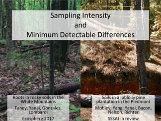 Sampling Intensity
and
Minimum Detectable Differences
Soils in a loblolly pine
plantation in the Piedmont
Mobley, Yang, Yanai, Bacon,
Nelson, Richter
SSSAJ in review
Roots in rocky soils in the
White Mountains
Fahey, Yanai, Gonzales,
Lombardi
Ecosphere 2017
 