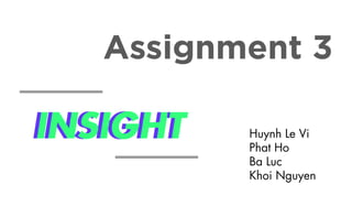Assignment 3
Huynh Le Vi
Phat Ho
Ba Luc
Khoi Nguyen
INSIGHTINSIGHT
 