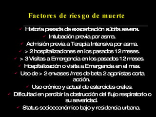 Factores de riesgo de muerte Historia pasada de exacerbación súbita severa. Intubación previa por asma. Admisión previa a Terapia Intensiva por asma. > 2 hospitalizaciones en los pasados 12 meses. > 3 Visitas a Emergencia en los pasados 12 meses. Hospitalización o visita a Emergencia en el mes. Uso de > 2 envases /mes de beta 2 agonistas corta acción.  Uso crónico y actual de esteroides orales. Dificultad en percibir la obstrucción del flujo respiratorio o su severidad.  Status socioeconómico bajo y residencia urbana.  