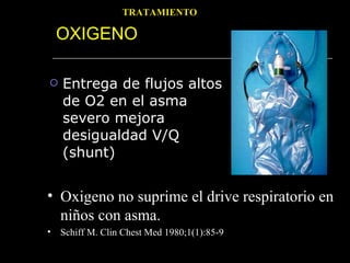 OXIGENO Entrega de flujos altos de O2 en el asma severo mejora desigualdad V/Q  (shunt) Oxigeno no suprime el drive respiratorio en niños con asma. Schiff M. Clin Chest Med 1980;1(1):85-9 TRATAMIENTO 