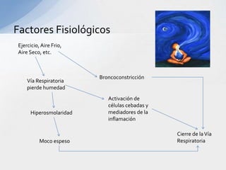 Factores Fisiológicos
Ejercicio,Aire Frio,
Aire Seco, etc.
Vía Respiratoria
pierde humedad
Hiperosmolaridad
Moco espeso
Broncoconstricción
Activación de
células cebadas y
mediadores de la
inflamación
Cierre de laVía
Respiratoria
 