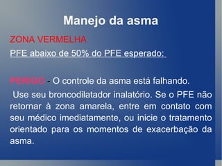 Manejo da asma ZONA VERMELHA PFE abaixo de 50% do PFE esperado:  PERIGO  -  O controle da asma está falhando. Use seu broncodilatador inalatório. Se o PFE não retornar à zona amarela, entre em contato com seu médico imediatamente, ou inicie o tratamento orientado para os momentos de exacerbação da asma.   