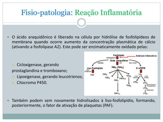 Fisio-patologia: Reação Inflamatória
 O ácido araquidônico é liberado na célula por hidrólise de fosfolipídeos de
membrana quando ocorre aumento da concentração plasmática de cálcio
(ativando a fosfolipase A2). Este pode ser enzimaticamente oxidado pelas:
 Cicloxigenase, gerando
prostaglandina e tromboxano;
 Lipoxigenase, gerando leucotrienos;
 Citocromo P450.
 Também podem sem novamente hidrolisados à liso-fosfolipídio, formando,
posteriormente, o fator de ativação de plaquetas (PAF).
 