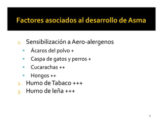 1.   Sensibilización a Aero-alergenos
      Ácaros del polvo +
      Caspa de gatos y perros +
      Cucarachas ++
      Hongos ++
2.   Humo de Tabaco +++
3.   Humo de leña +++


                                        13
 