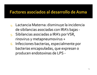 4.   Lactancia Materna: disminuye la incidencia
     de sibilancias asociadas con IRA’s bajas -
5.   Sibilancias asociadas a IRA’s por VSR,
     rinovirus y metapneumovirus +
6.   Infecciones bacterias, especialmente por
     bacterias encapsuladas, que expresan o
     producen endotoxinas de LPS -


                                                  14
 