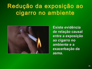 4646
Redução da exposição ao
cigarro no ambiente
Existe evidênciaExiste evidência
de relação causalde relação causal
entre a exposiçãoentre a exposição
ao cigarro noao cigarro no
ambiente e aambiente e a
exacerbação daexacerbação da
asma.asma.
 